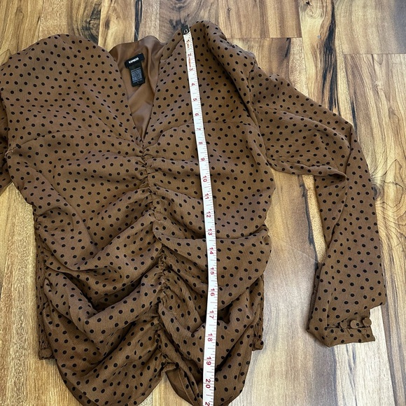 Express Polka Dot Ruched Blouse Womens S Brown Shoulder Pad Puff Sleeve Top - Picture 7 of 8